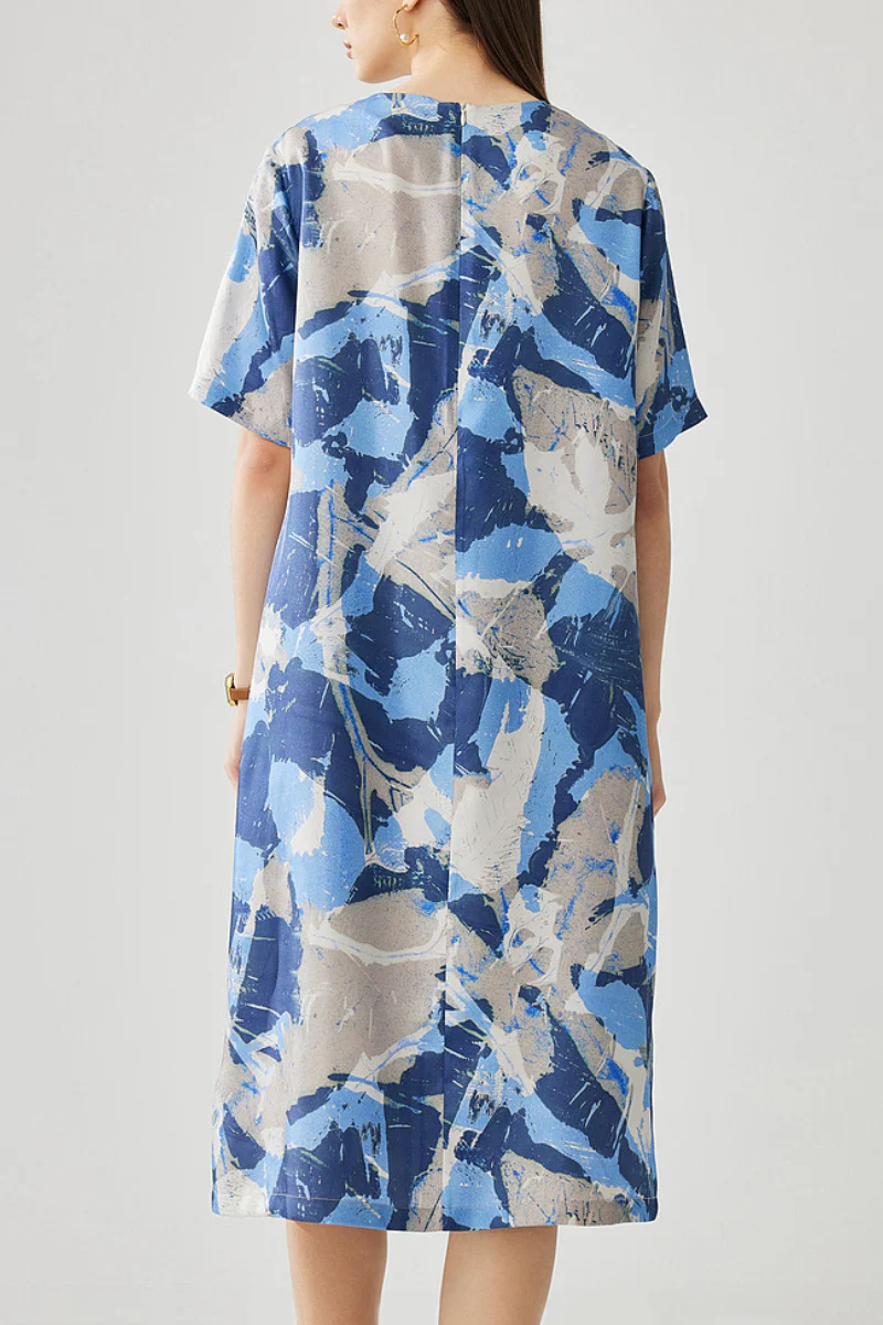 100% Silk Floral Midi Shift Dress with Pockets in Blue - HBQMJX