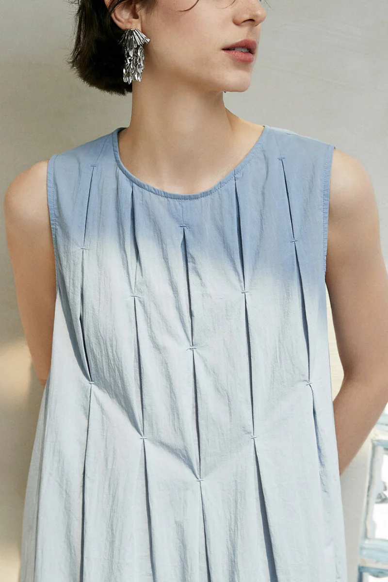 Causal Summer Pleat Textured Blue Tank Midi Dress - HBQMJX