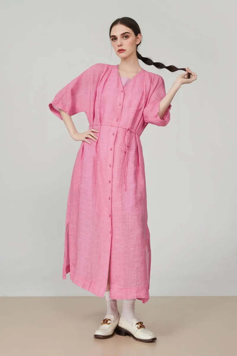 100 Ramie Pink Belted Shirt Midi Dress - HBQMJX