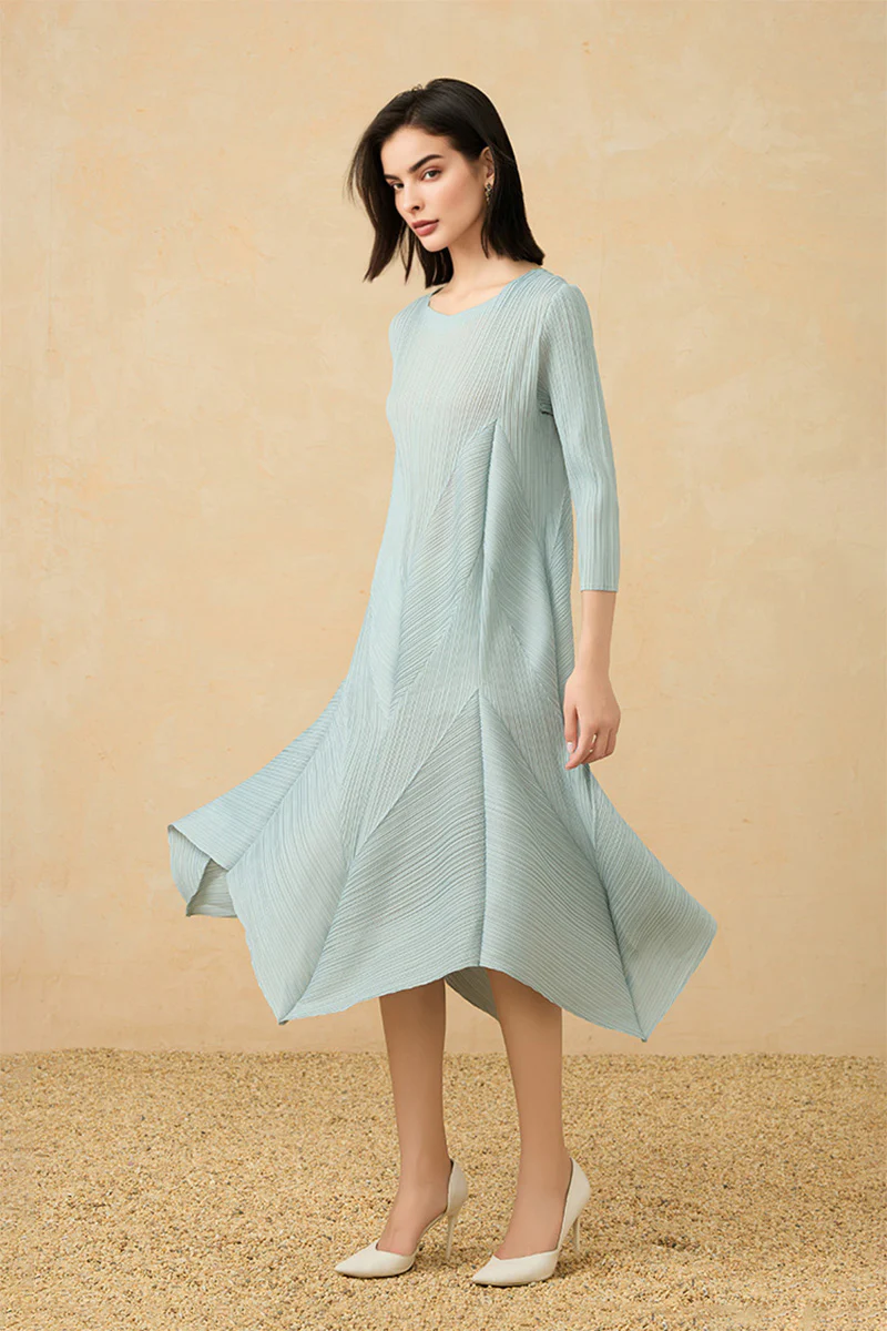 Pleated Long-Sleeve Midi Dress with Tulip Hem - HBQMJX