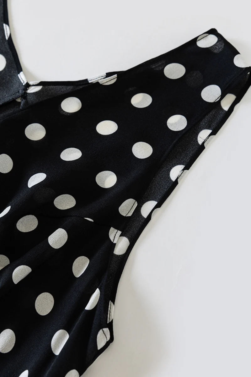 100% Silk Polka Dot V-Neck Crepe Maxi Dress - HBQMJX