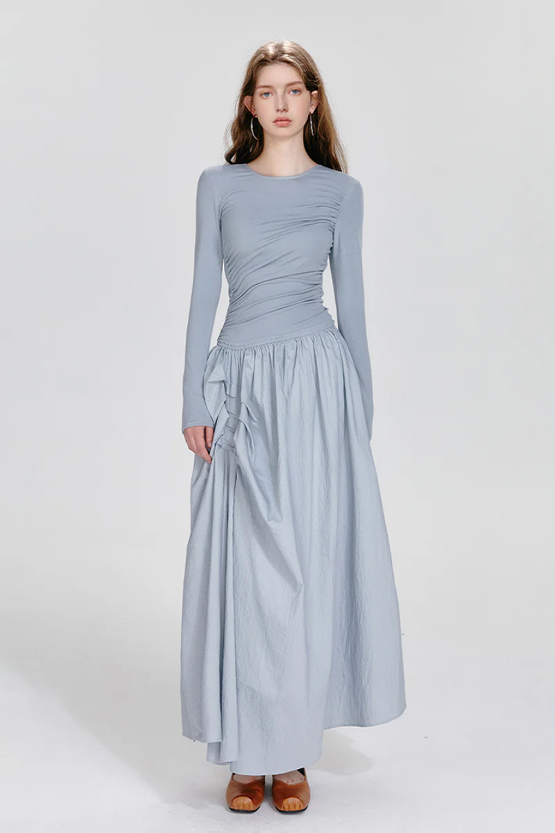 Blue Long-Sleeve Ruched Fit & Flare Maxi Dress - HBQMJX