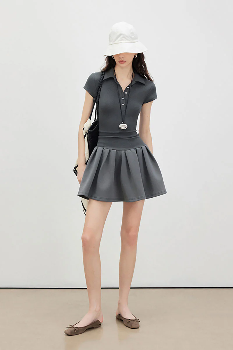 Grey Polo-Neck Short-Sleeve Mini Dress - HBQMJX