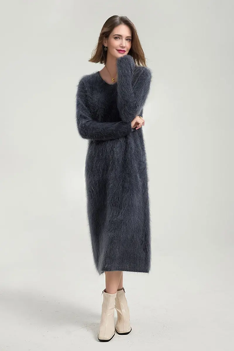 Classic Brushed Cashmere V-Neck Long Sleeve Sweater Dress - HBQMJX