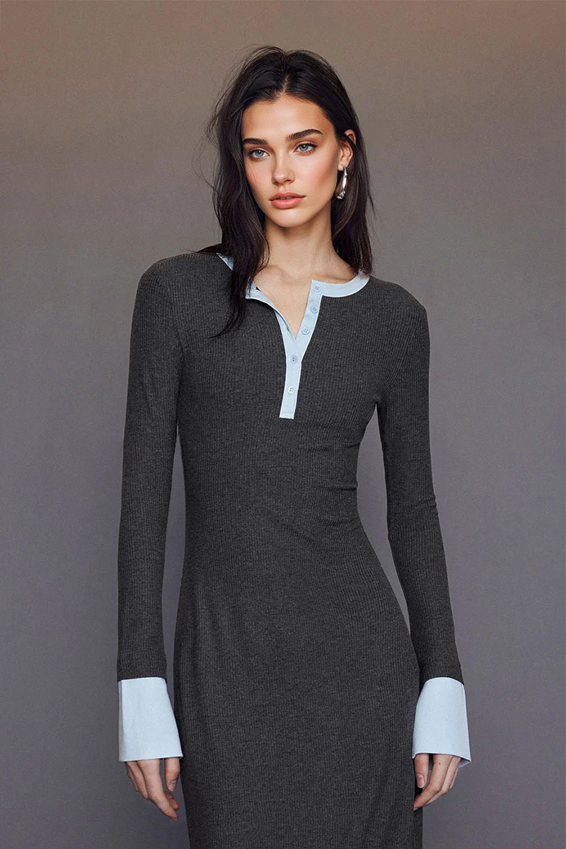 Long Sleeve Ribbed Bodycon Maxi Dress with Contrast Trim - HBQMJX