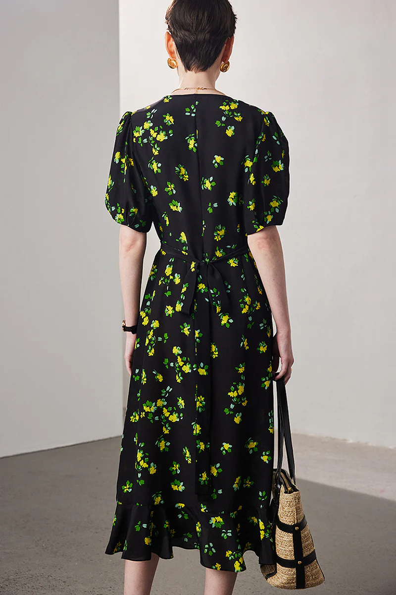 100 Mulberry Silk Floral Puff-Sleeve V-Neck Ruffle Wrap Midi Dress - HBQMJX