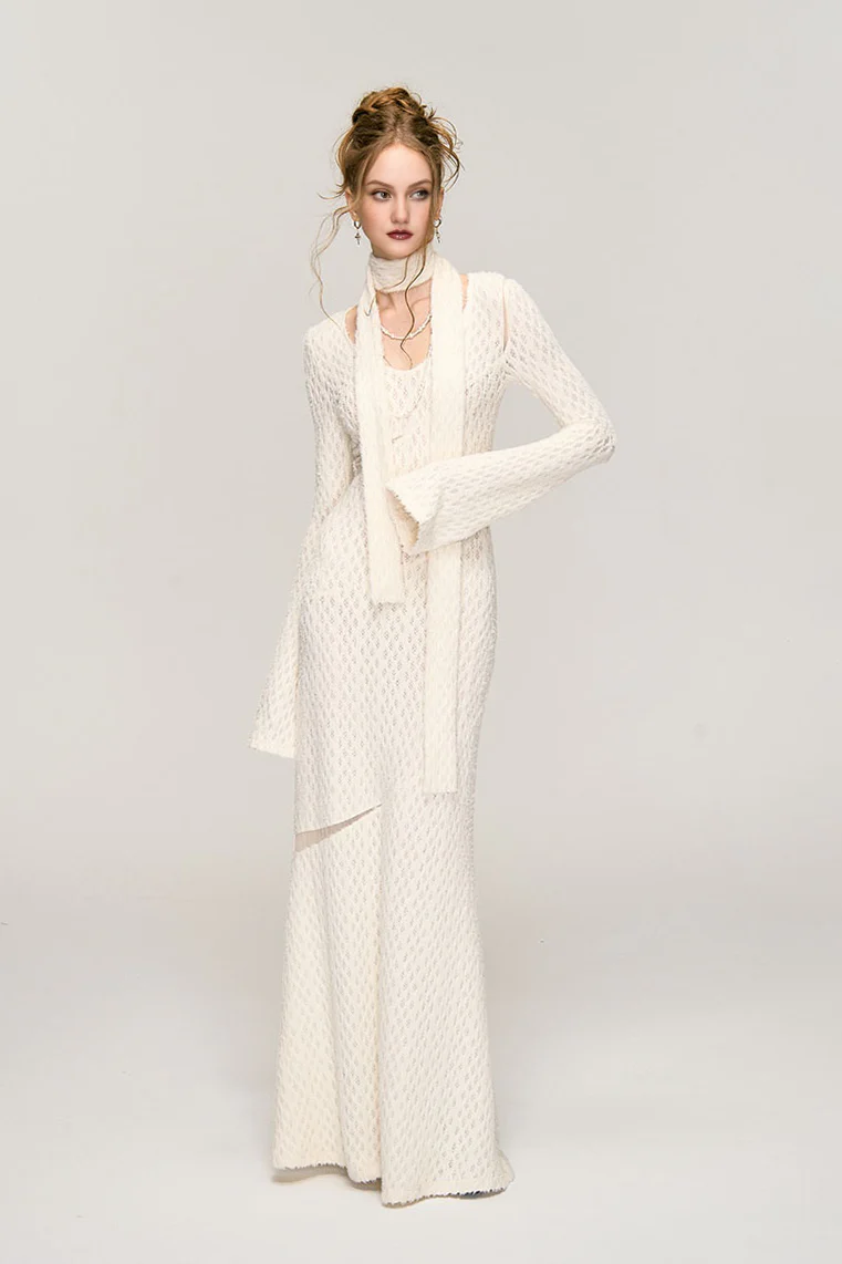 White Crochet Cut Out Long Sleeve Maxi Dress - HBQMJX