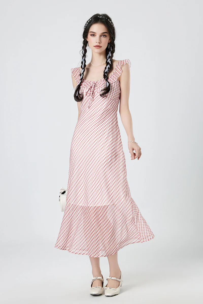 Picnic Gingham Tie-Front Ruffle-Neck Midi Dress - HBQMJX