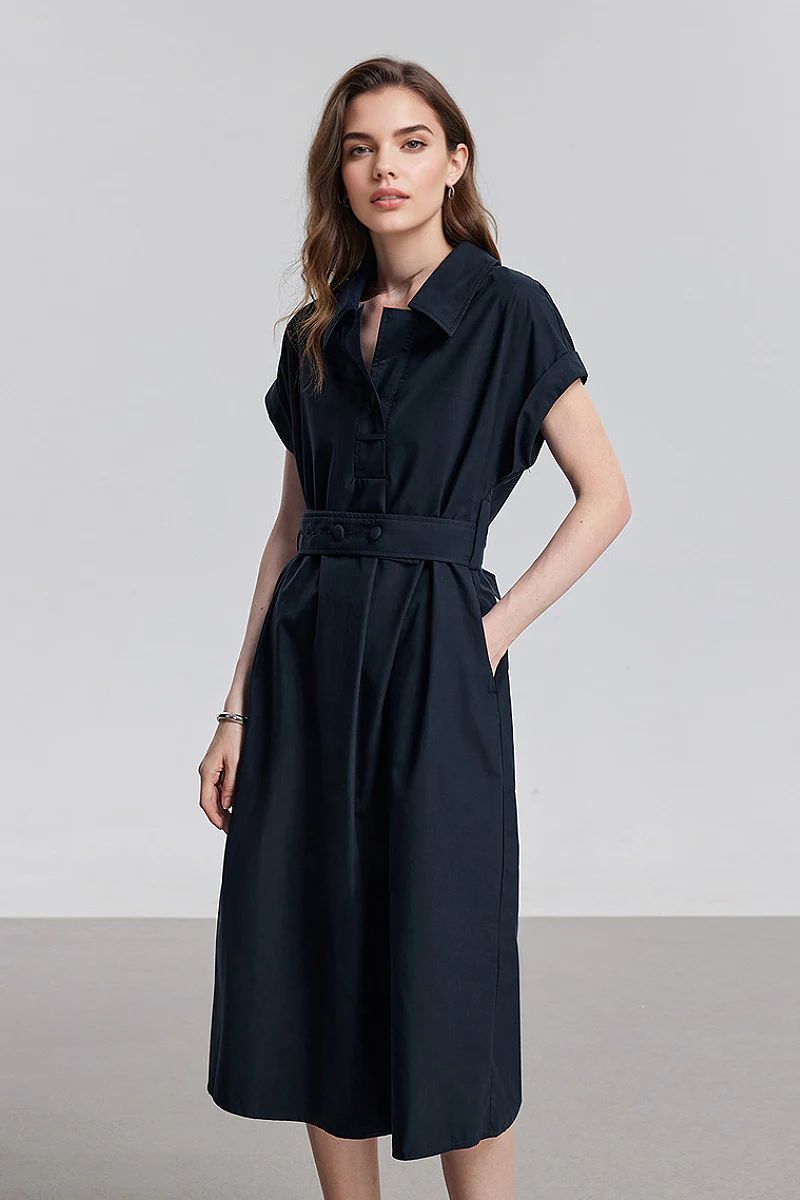 Navy Blue Belted Shirt Dress in Cotton-Lyocell Blend - JIEEQQ
