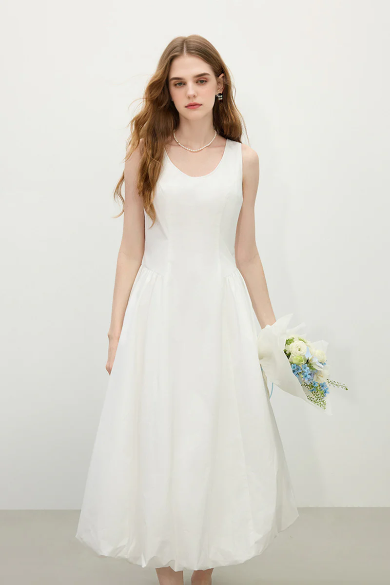 White 100 Cotton Sleeveless Scoop-Neck Bubble Midi Dress - HBQMJX