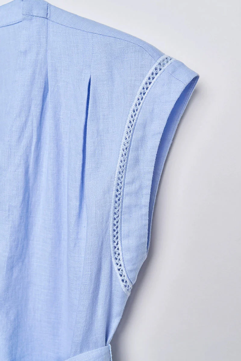 Baby Blue 100 Linen Cap-Sleeve Button-Front Belted Midi Dress - HBQMJX