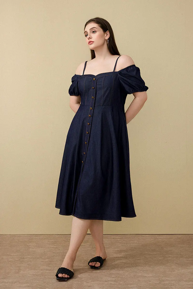 Denim-Inspired Off-Shoulder A-Line Midi Dress with Decorative Buttons - HBQMJX