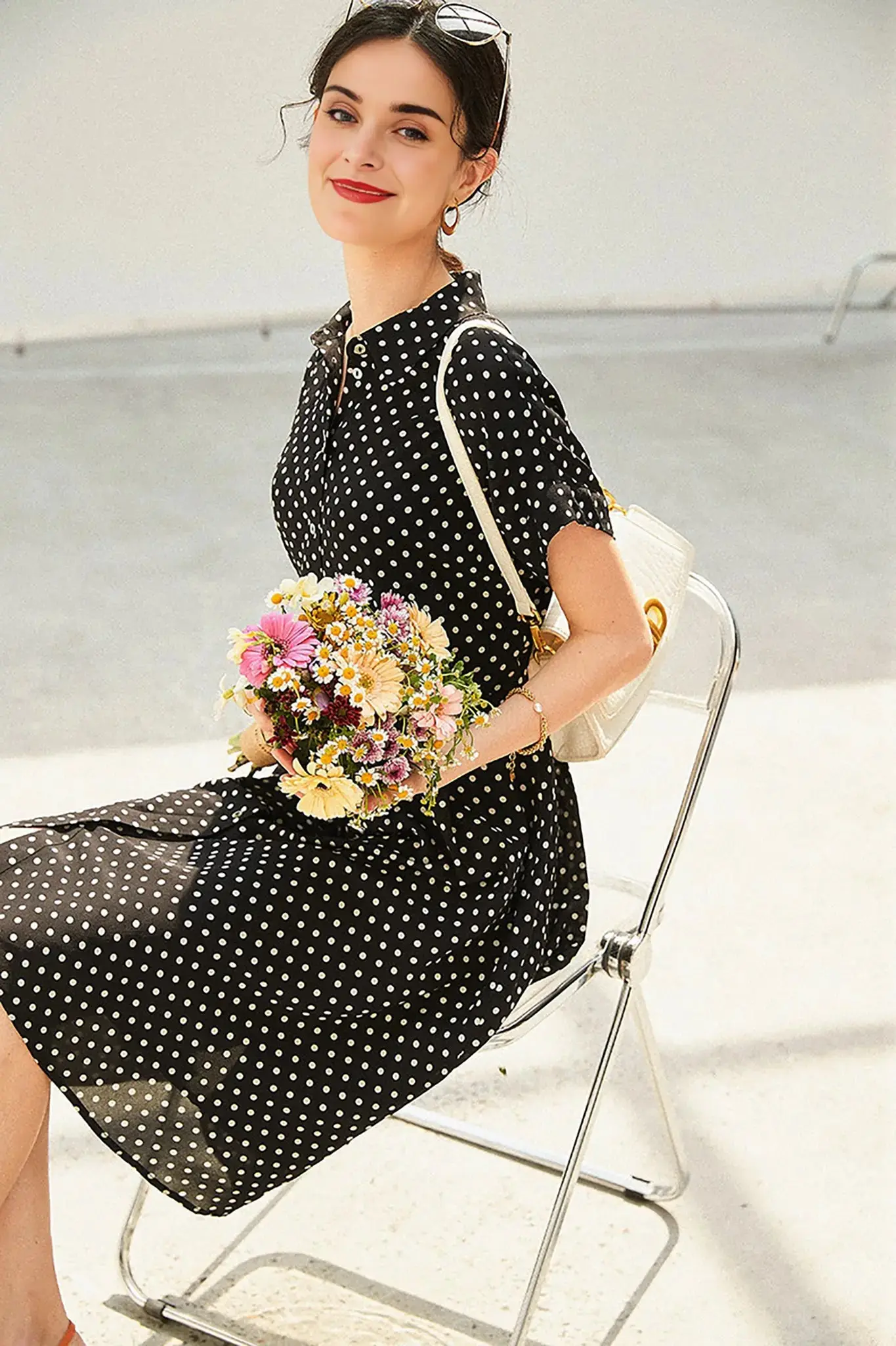 Women's Heavyweight Mulberry Silk Polka Dot Printed Silk Long Dress - HBQMJX