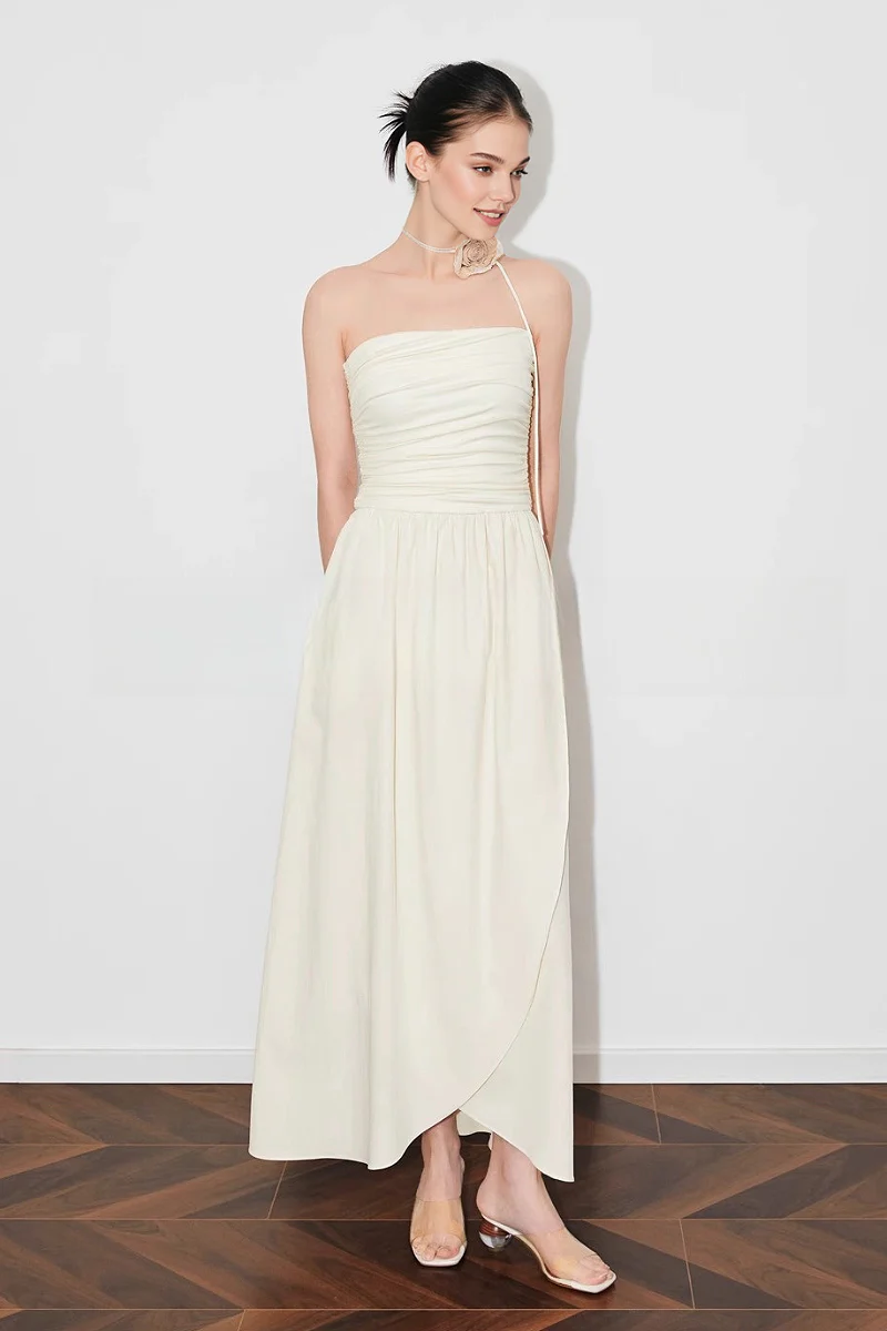 Strapless Ruched Maxi Dress With Asymmetrical Hem - HBQMJX