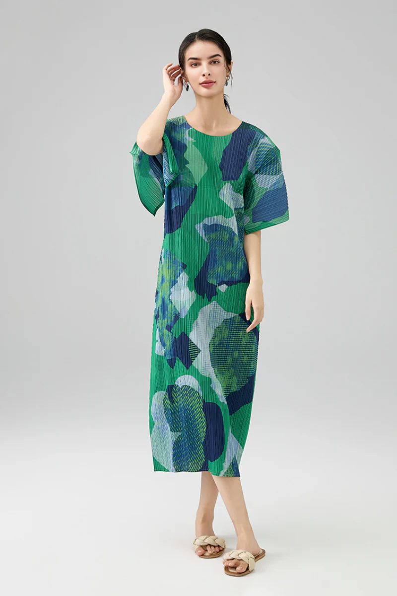 Designer Inspired Pleated Floral Midi Dress - HBQMJX