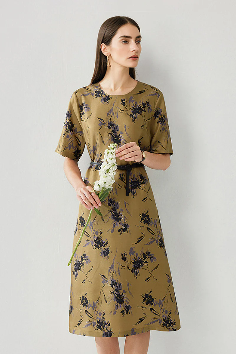 100% Silk Floral Midi Shift Dress with Pockets in Khaki - HBQMJX