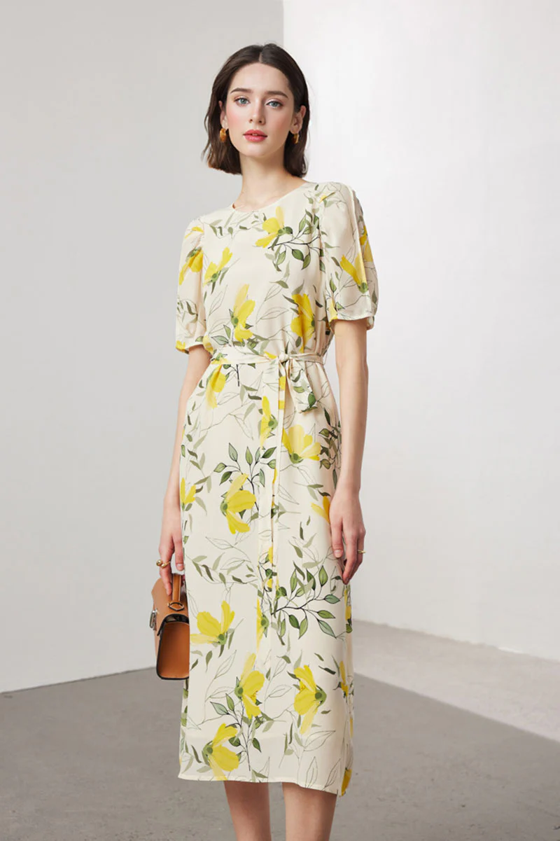 100 Mulberry Silk Floral Puff-Sleeve Belted Midi Dress - HBQMJX