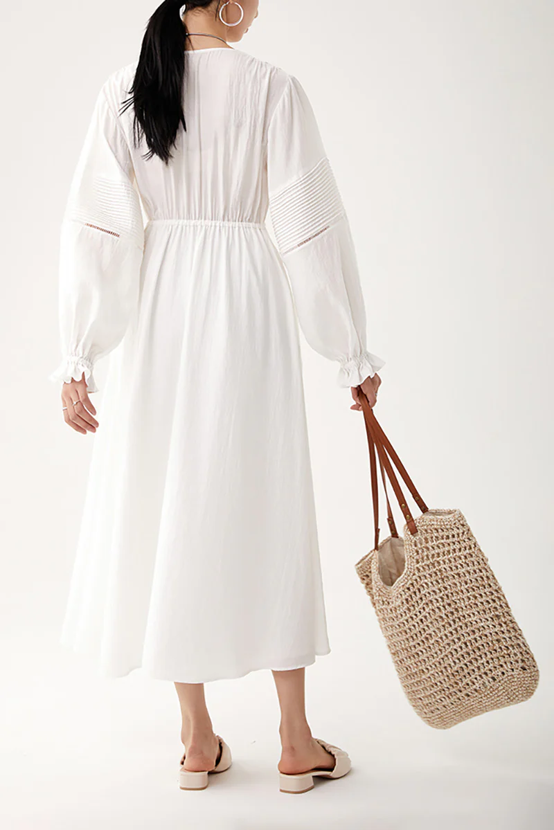 White Lantern-Sleeve V-Neck Midi Dress - HBQMJX