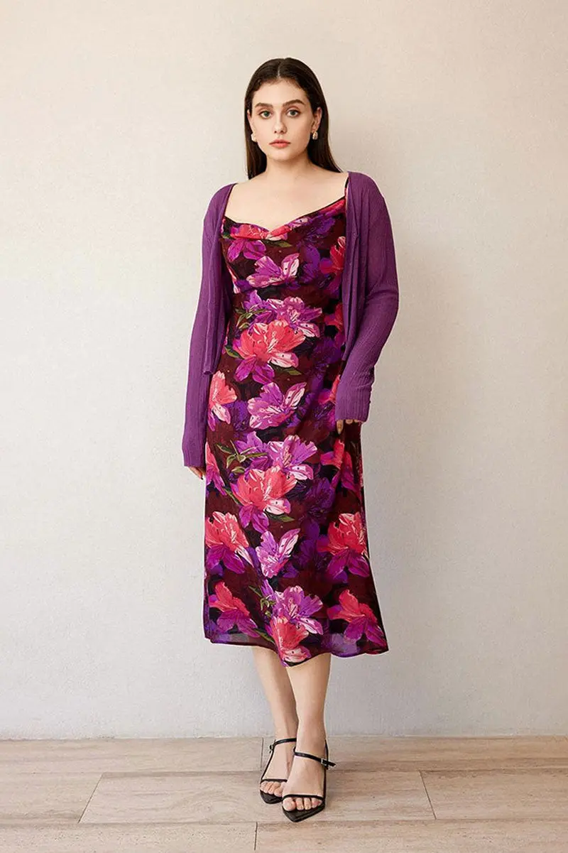 Chiffon Floral Cowl-Neck Midi Slip Dress in Purple - HBQMJX
