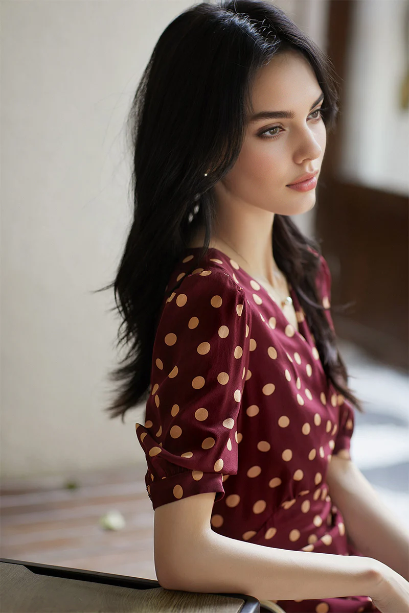 100 Mulberry Silk Red Polka-Dot Midi Tea Dress - HBQMJX