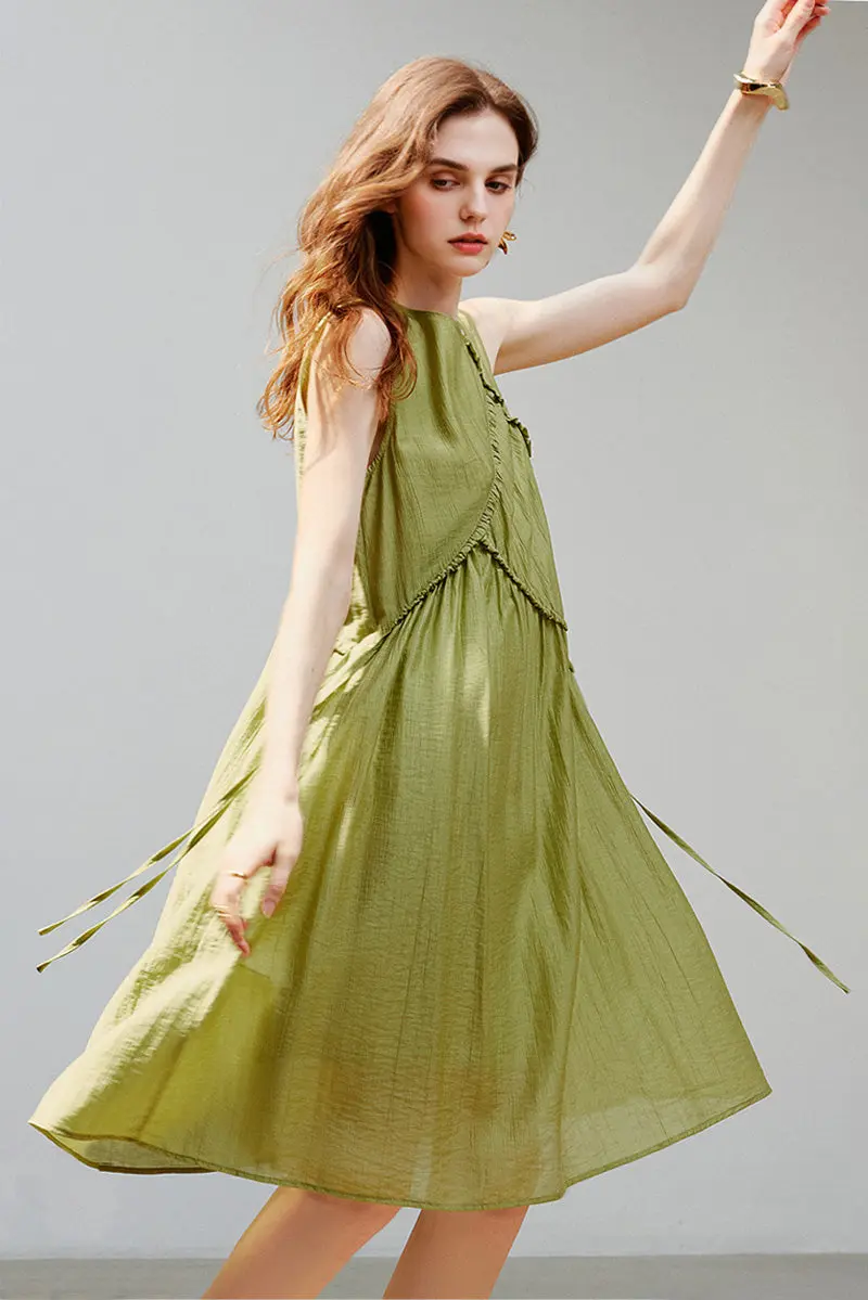 Sage Green Lyocell Sleeveless Ruffle-Detail Midi Dress - HBQMJX