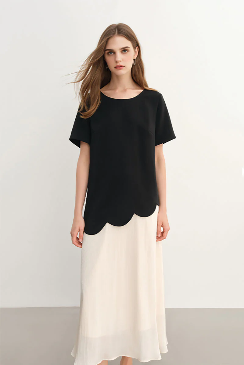 Black & White Short-Sleeve Mixed Media Midi Dress - HBQMJX