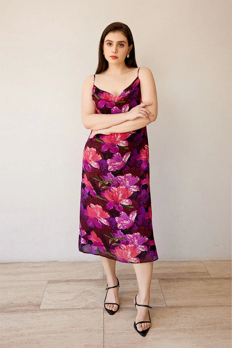 Chiffon Floral Cowl-Neck Midi Slip Dress in Purple - HBQMJX