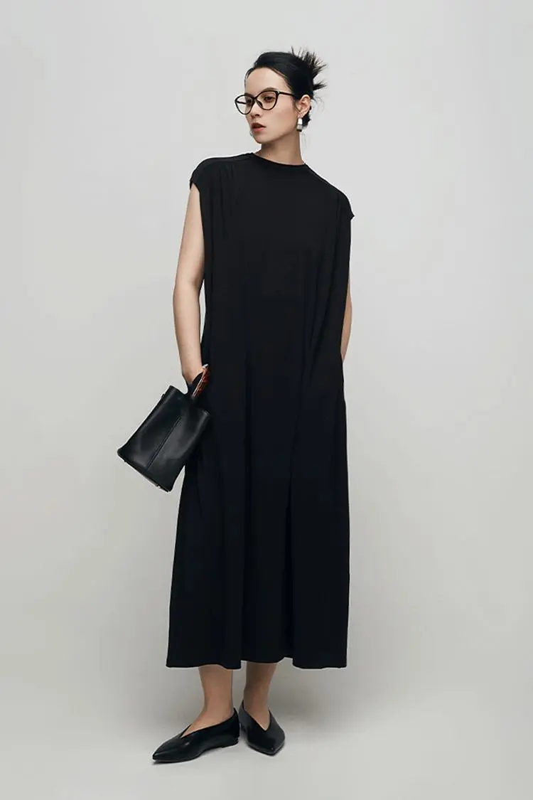 Oversized Padded Shoulder Acetate Sleeveless Shirt Dress - HBQMJX