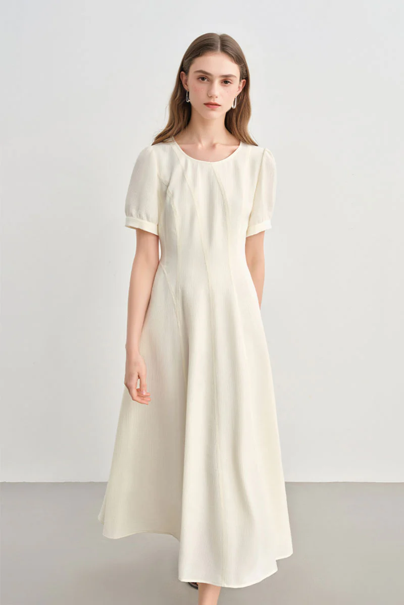 White Short-Sleeve A-Line Midi Dress - HBQMJX