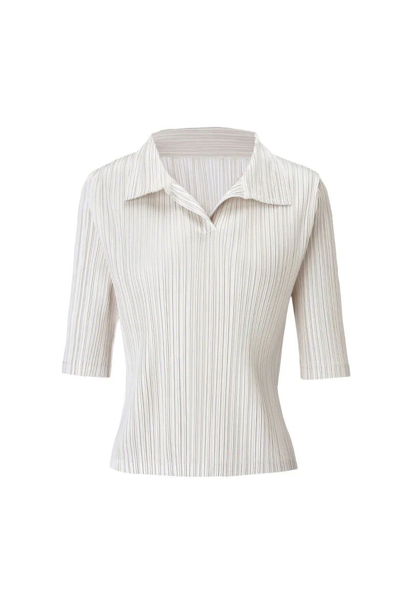 Designer-Inspired Pleated Elbow-Sleeve Polo Shirt - HBQMJX