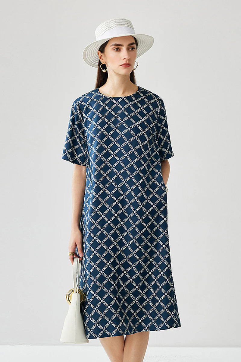100% Silk Floral Midi Shift Dress with Pockets in Blue - HBQMJX