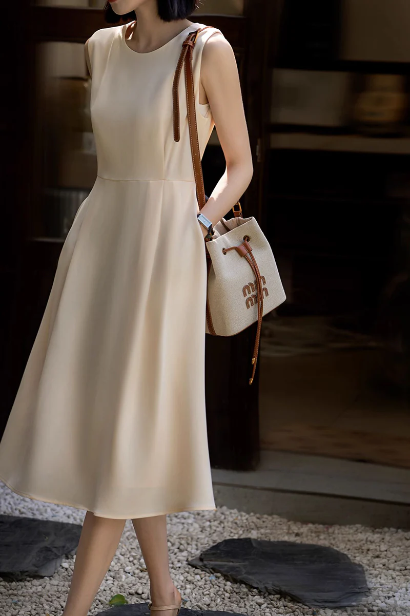 Elegant Acetate Sleeveless Fit & Flare Midi Dress - HBQMJX