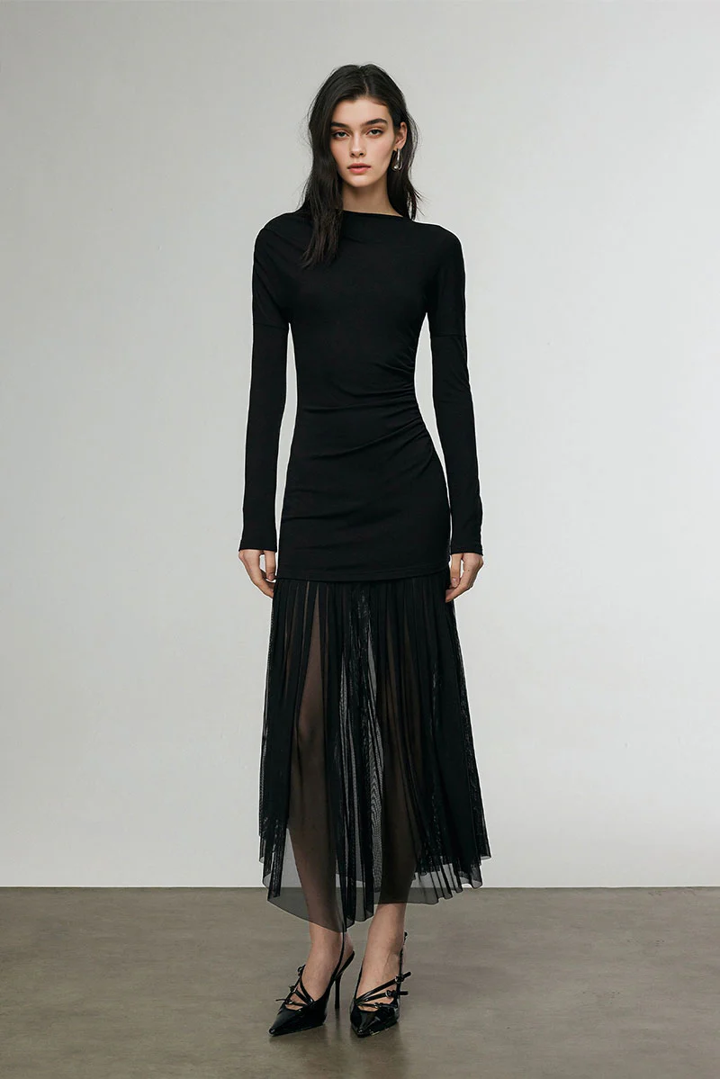 Asymmetric Draped Mesh Maxi Dress with Sleeves - HBQMJX