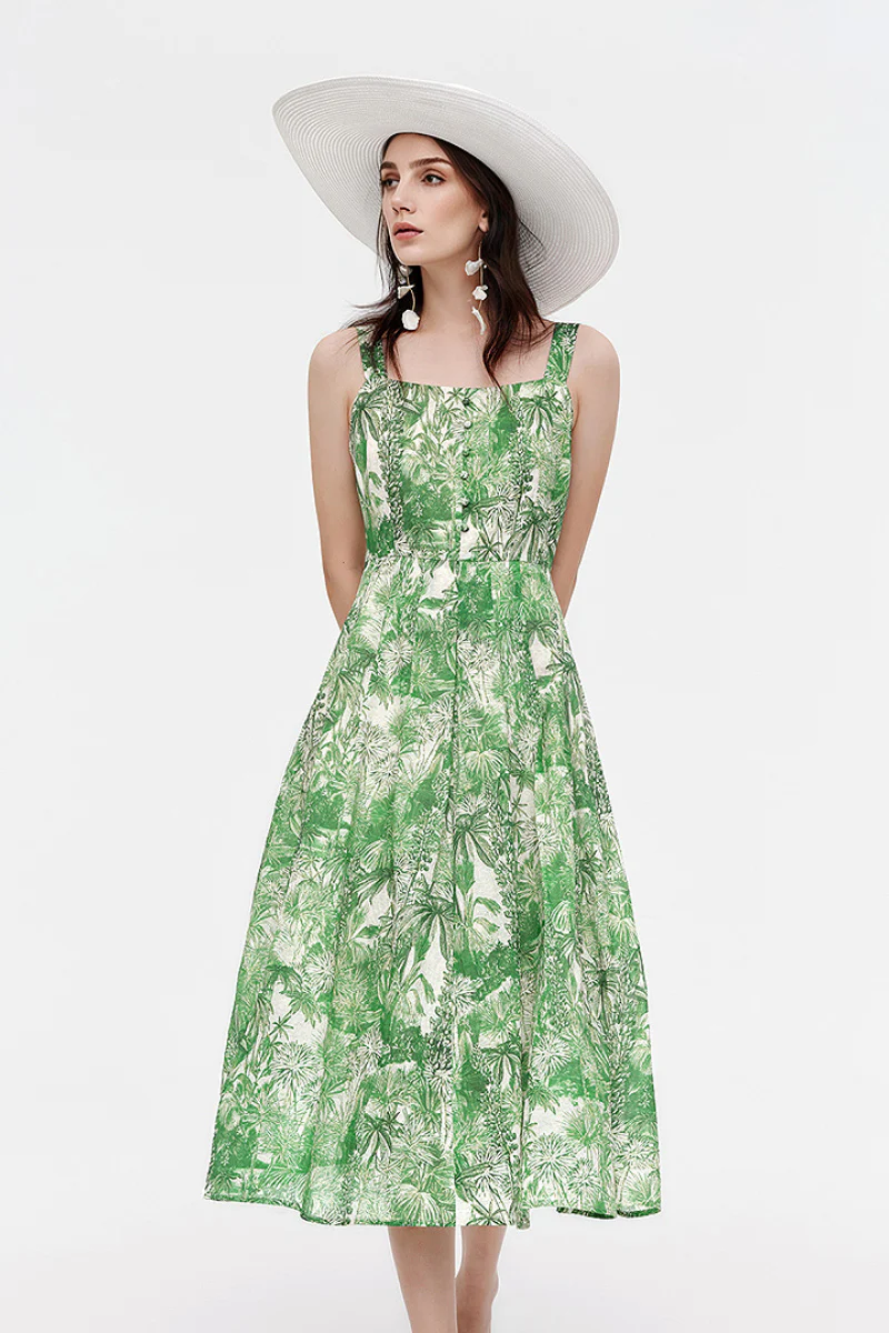 Green Floral Square-Neck Sleeveless Midi Dress - HBQMJX