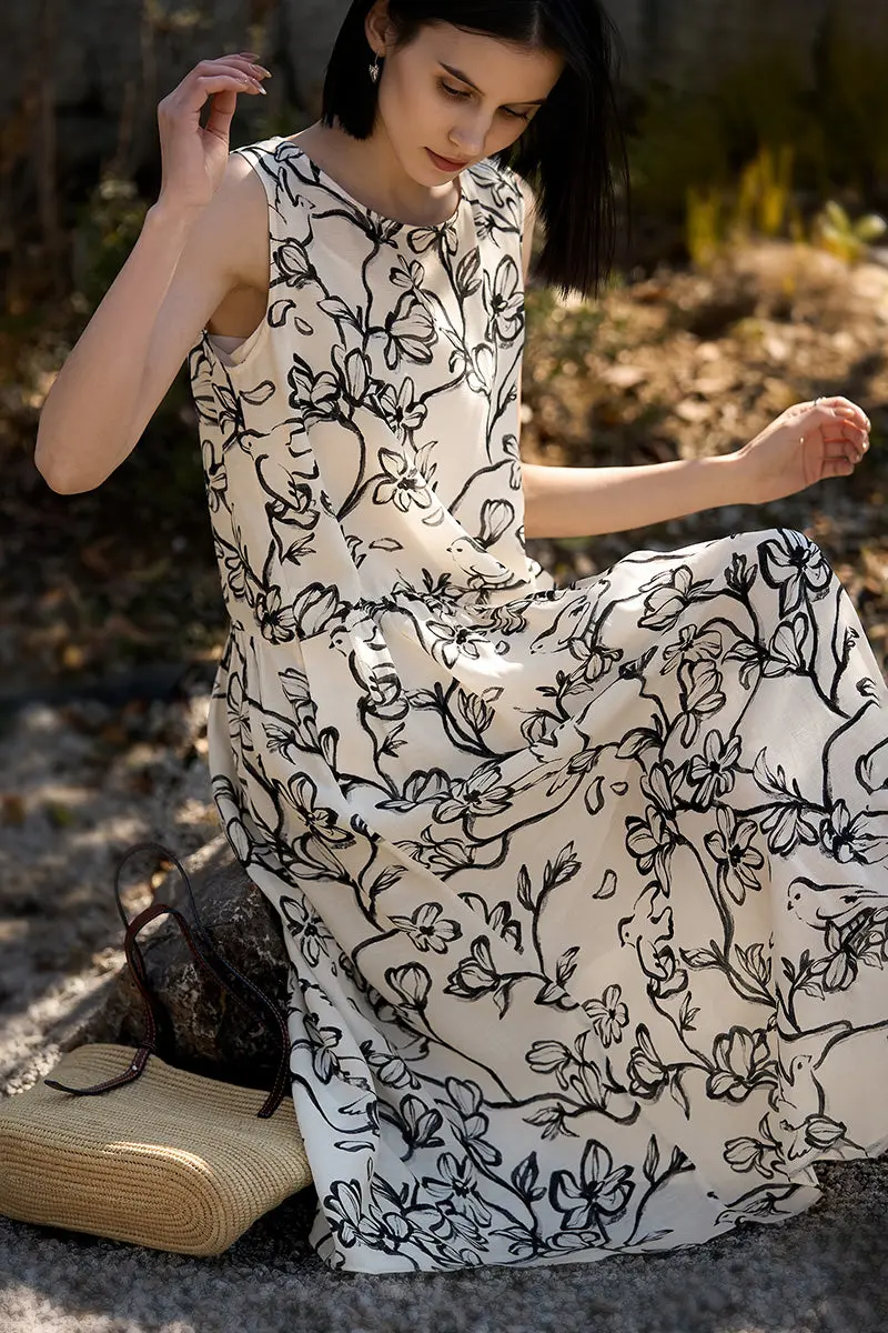 Linen Floral Sleeveless Midi Dress - HBQMJX