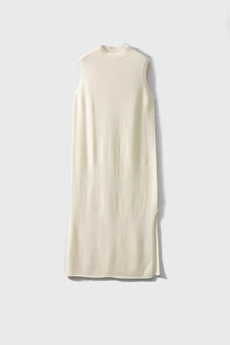 100 Wool Seamless Knit Sleeveless Midi Sweater Dress with Side Slit - HBQMJX