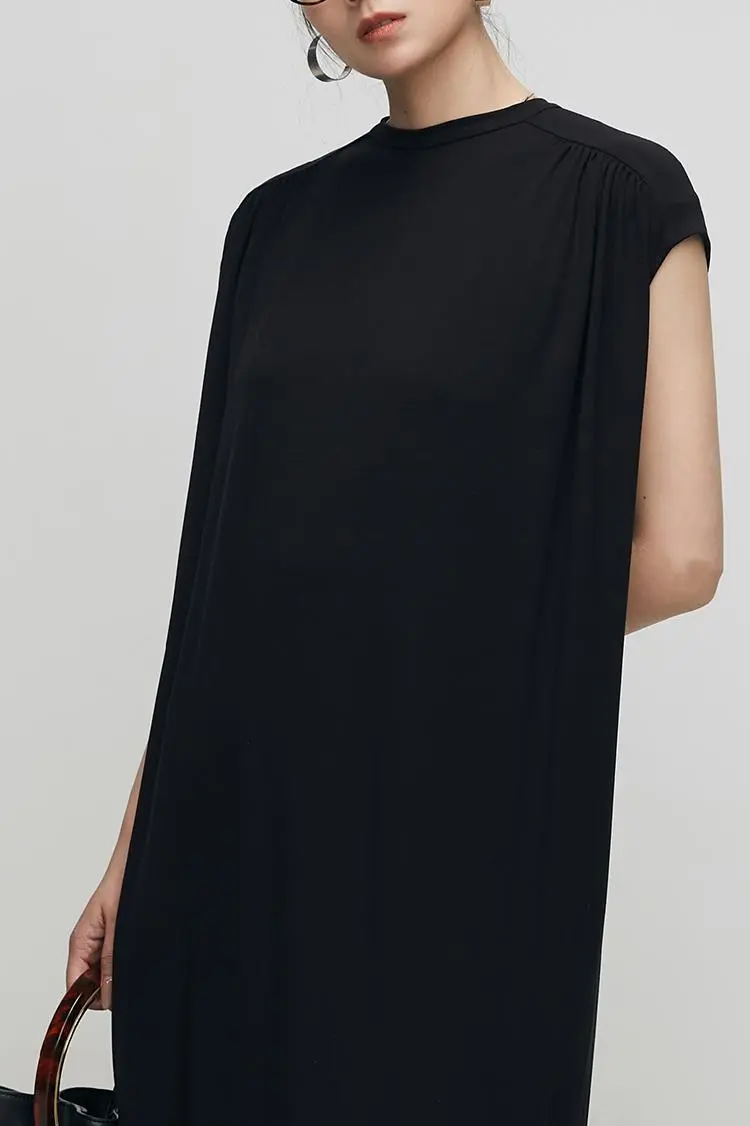 Oversized Padded Shoulder Acetate Sleeveless Shirt Dress - HBQMJX
