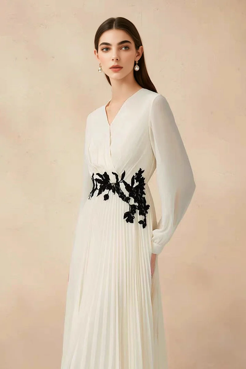 White Pleated Hand Embroidered Long-Sleeve Midi Dress - HBQMJX