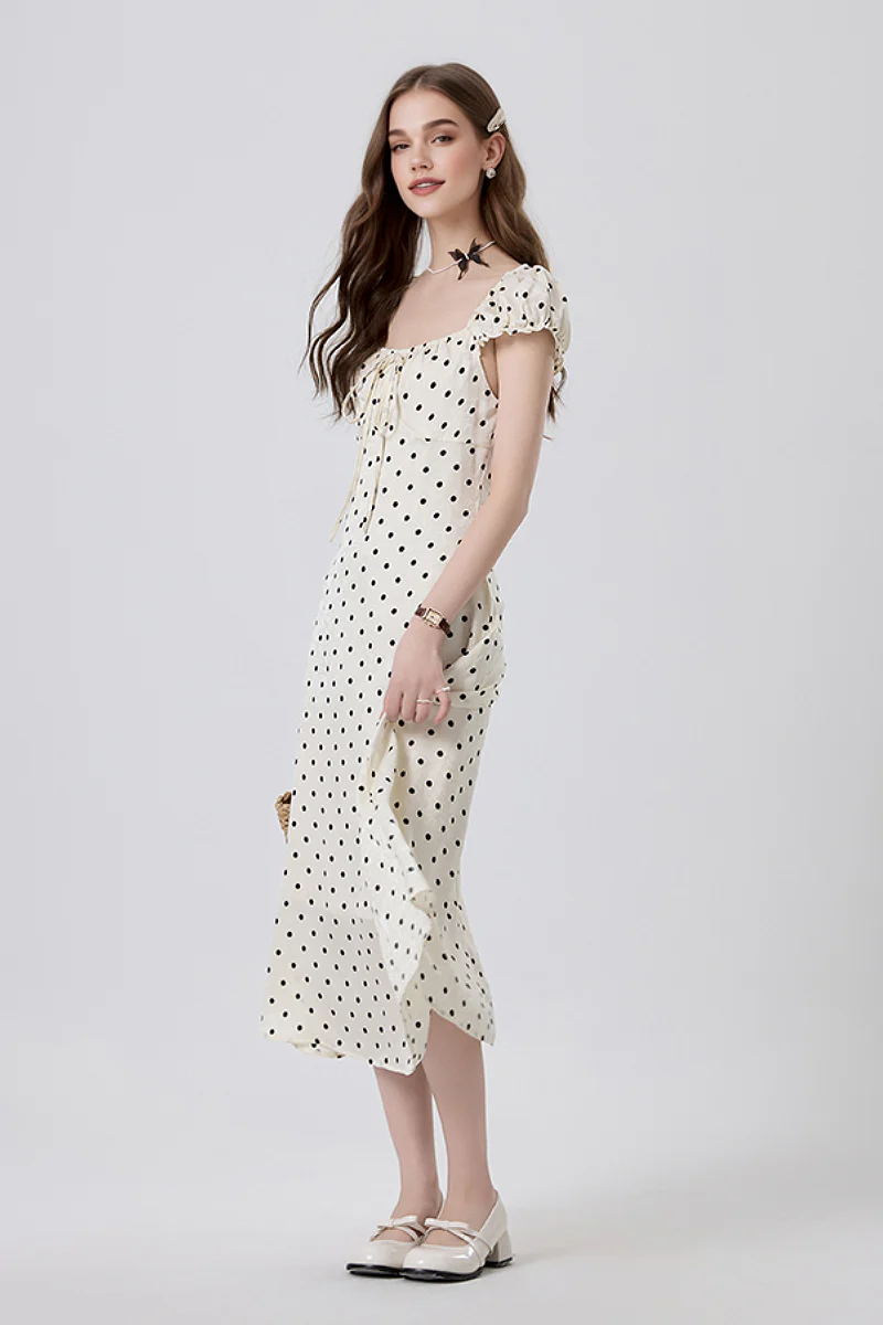 White Polka-Dot Midi Dress - HBQMJX