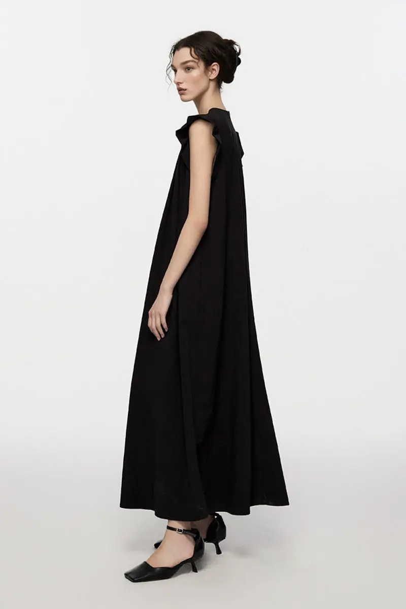 Black Ruffle Cap-Sleeve Trapeze Maxi Dress - HBQMJX