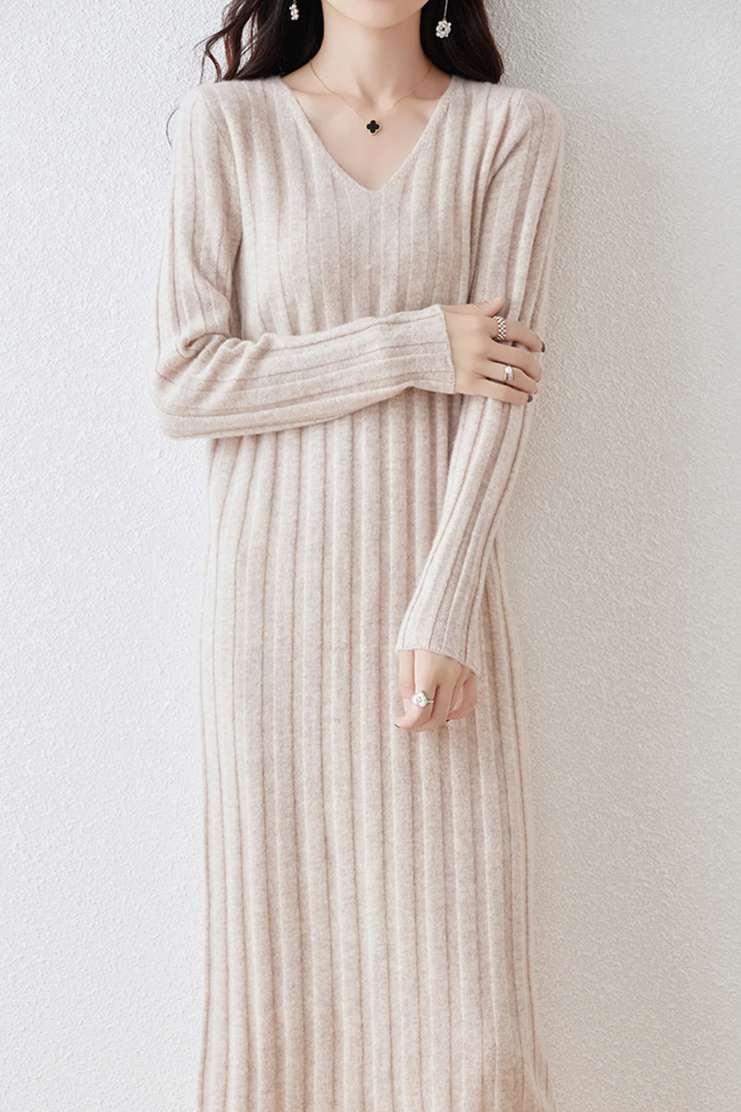 100% Merino Wool Long Sleeve Wide-Rib Midi Sweater Dress - HBQMJX
