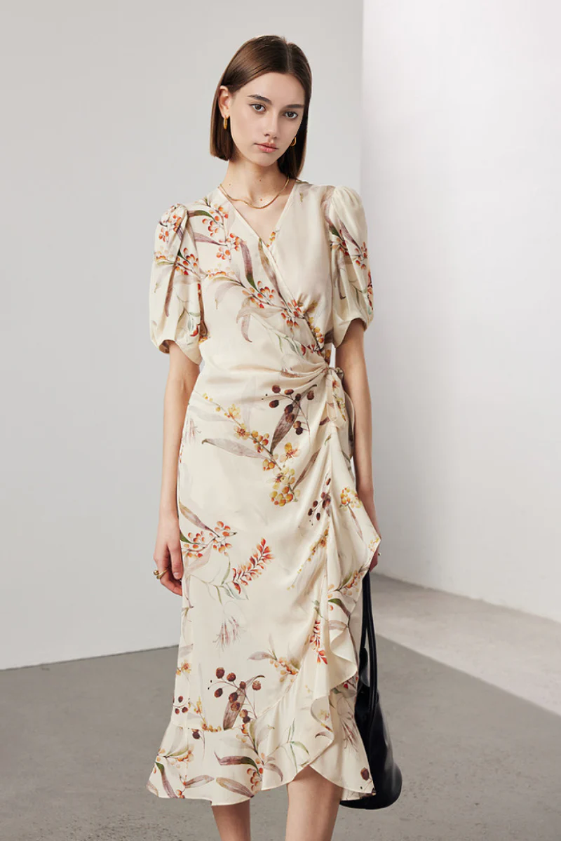 100 Mulberry Silk Floral Puff-Sleeve V-Neck Ruffle Wrap Midi Dress - HBQMJX