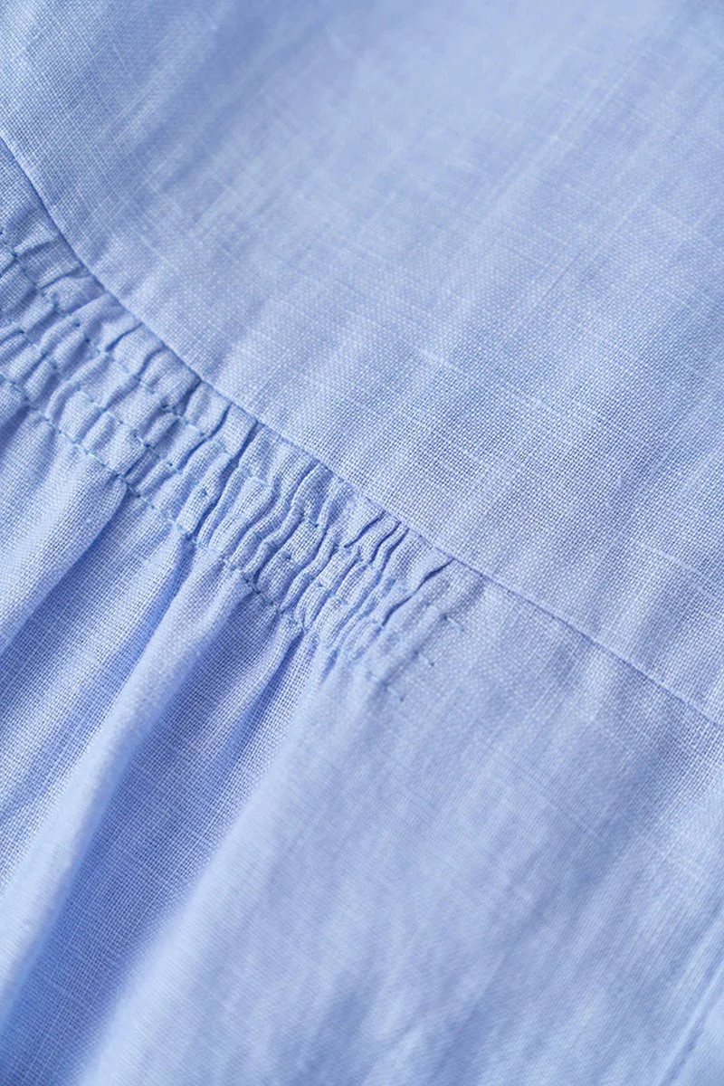 Baby Blue 100 Linen Cap-Sleeve Button-Front Belted Midi Dress - HBQMJX