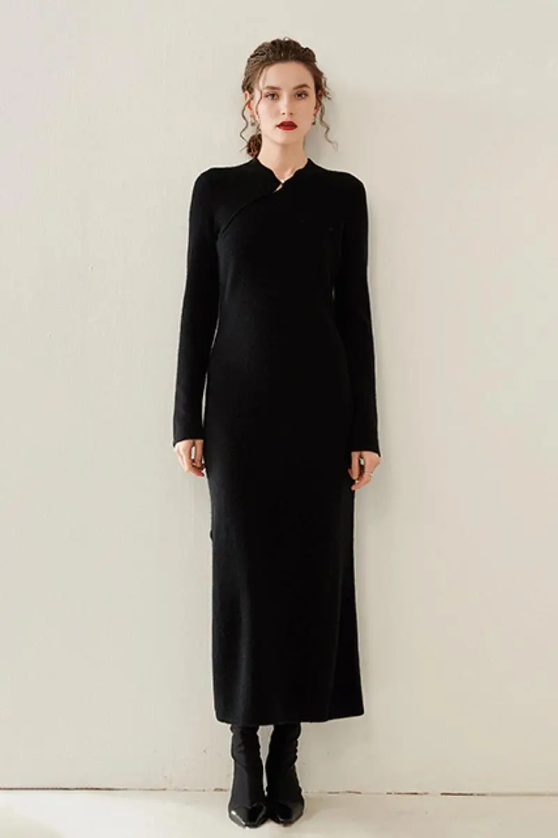 100 Cashmere Midi Sweater Dress with Mandarin-inspired Collar - HBQMJX