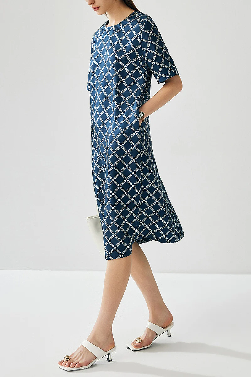 100% Silk Floral Midi Shift Dress with Pockets in Blue - HBQMJX