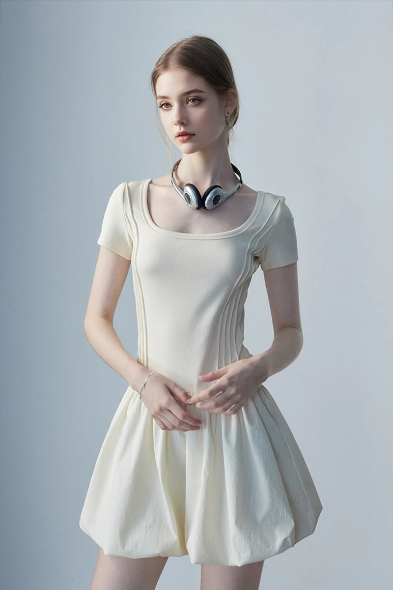 Ivory Squre-Neck Bubble Mini Dress - HBQMJX