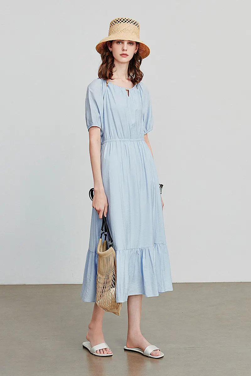 Baby Blue Textured Vacation Midi Dress with Beaded Neckline - HBQMJX