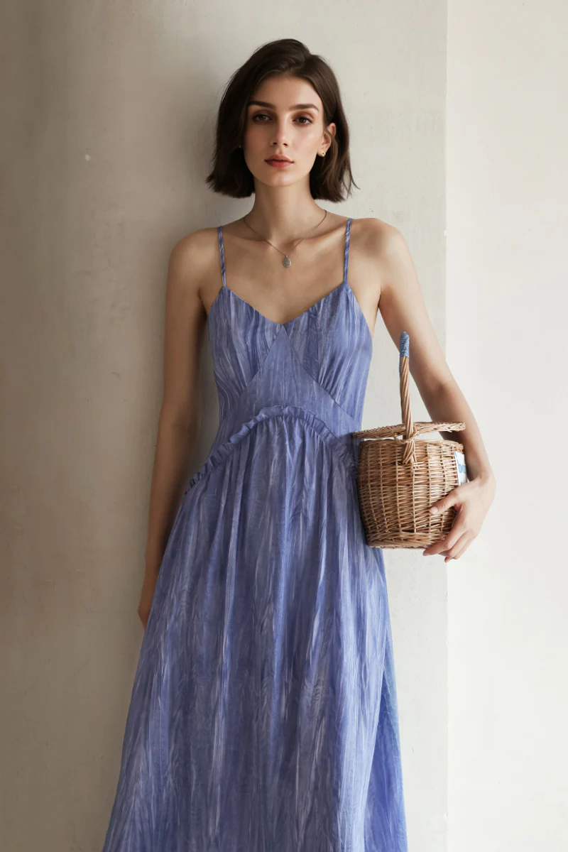 Blue Tie-Dye Spaghetti-Strap Midi Dress - HBQMJX