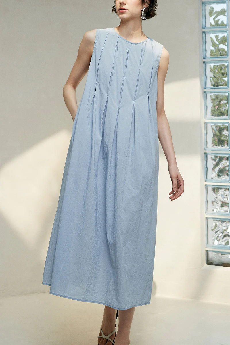 Causal Summer Pleat Textured Blue Tank Midi Dress - HBQMJX