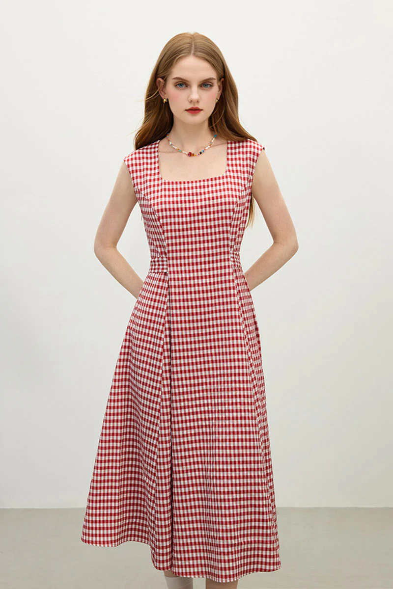 Red Gingham A-Line Midi Dress with Back Tie - HBQMJX